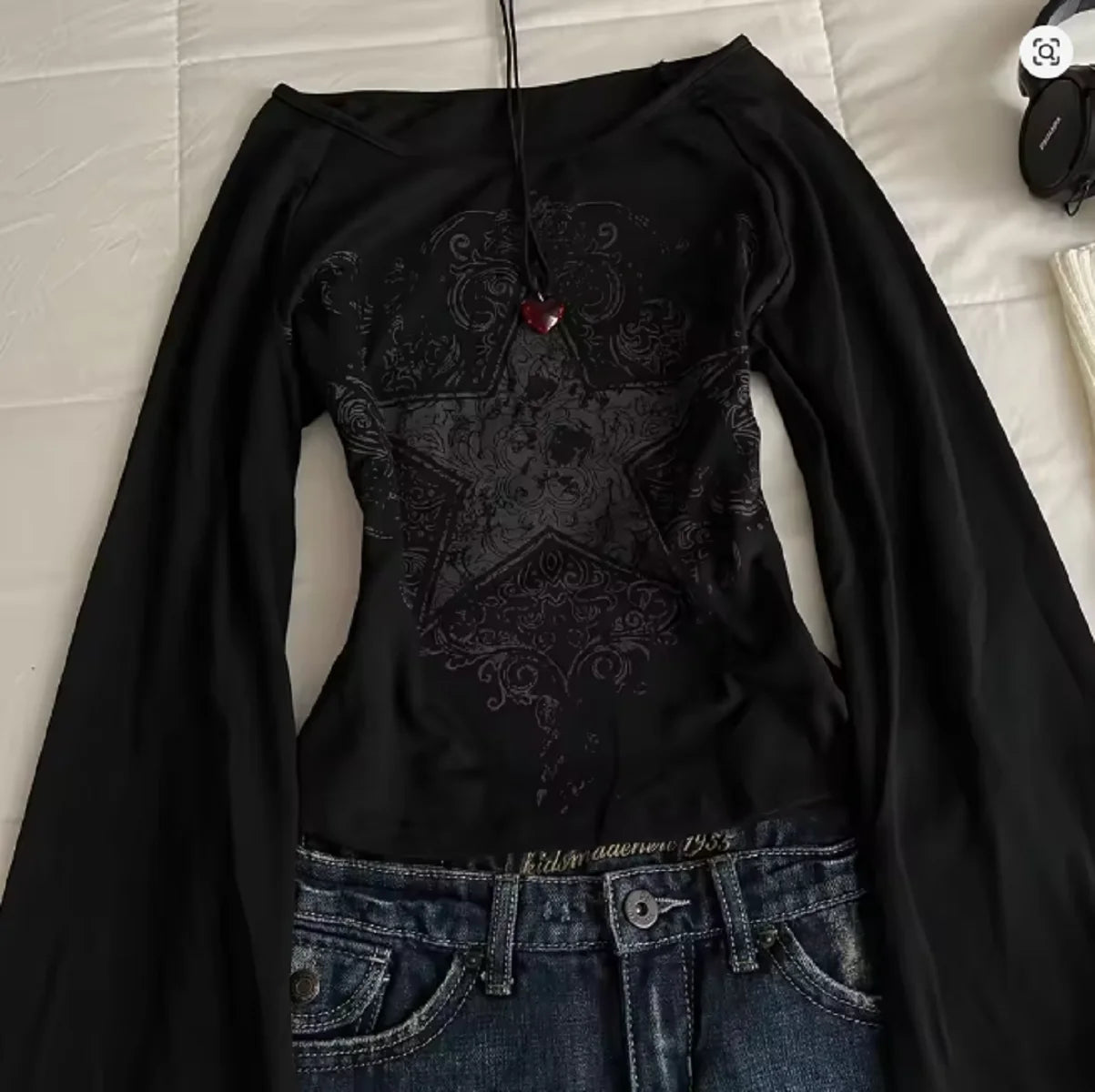 Women's Hip hop 90s Vintage Punk T-Shirt autumn Streetwear Sexy Short Sleeve Gothic Slim Crop Top Hotgirl Casual Femme Tee y2k